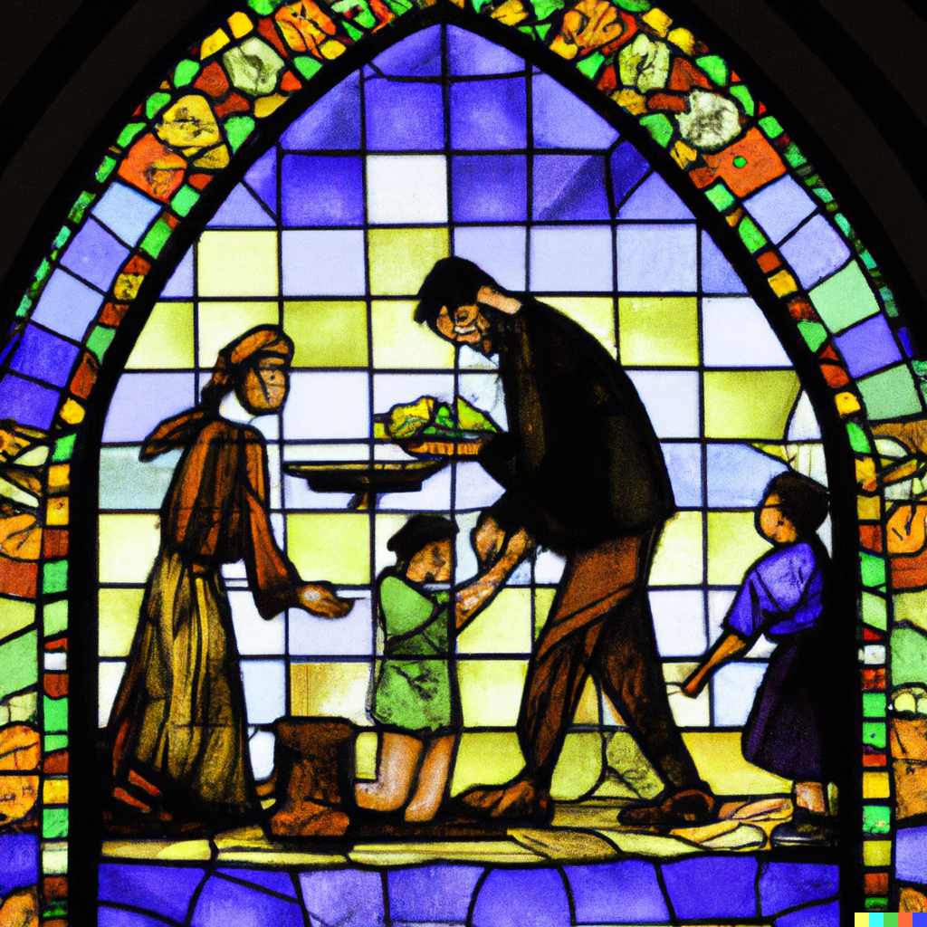 DALL·E 2023-02-03 09.50.53 – a stain glass image of a family engaged in almsgiving