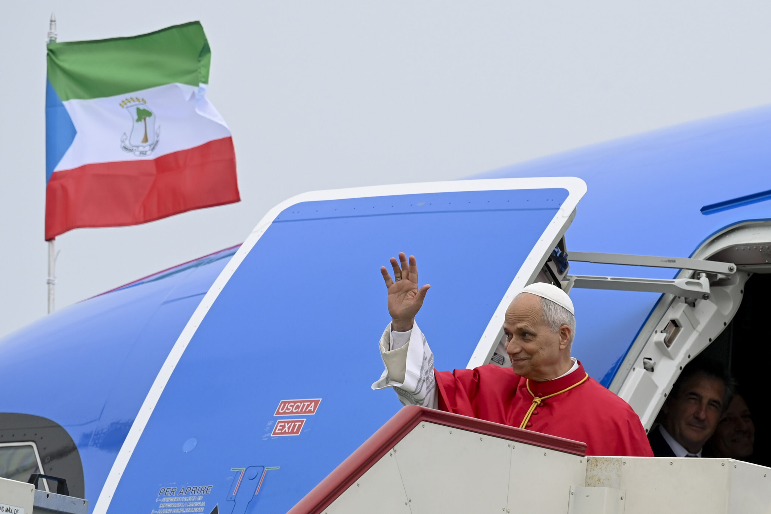 Pope Leo XIV waves as he arrives in Equatorial Guinea on Tuesday, April 21, 2026. | Credit: Vatican Media