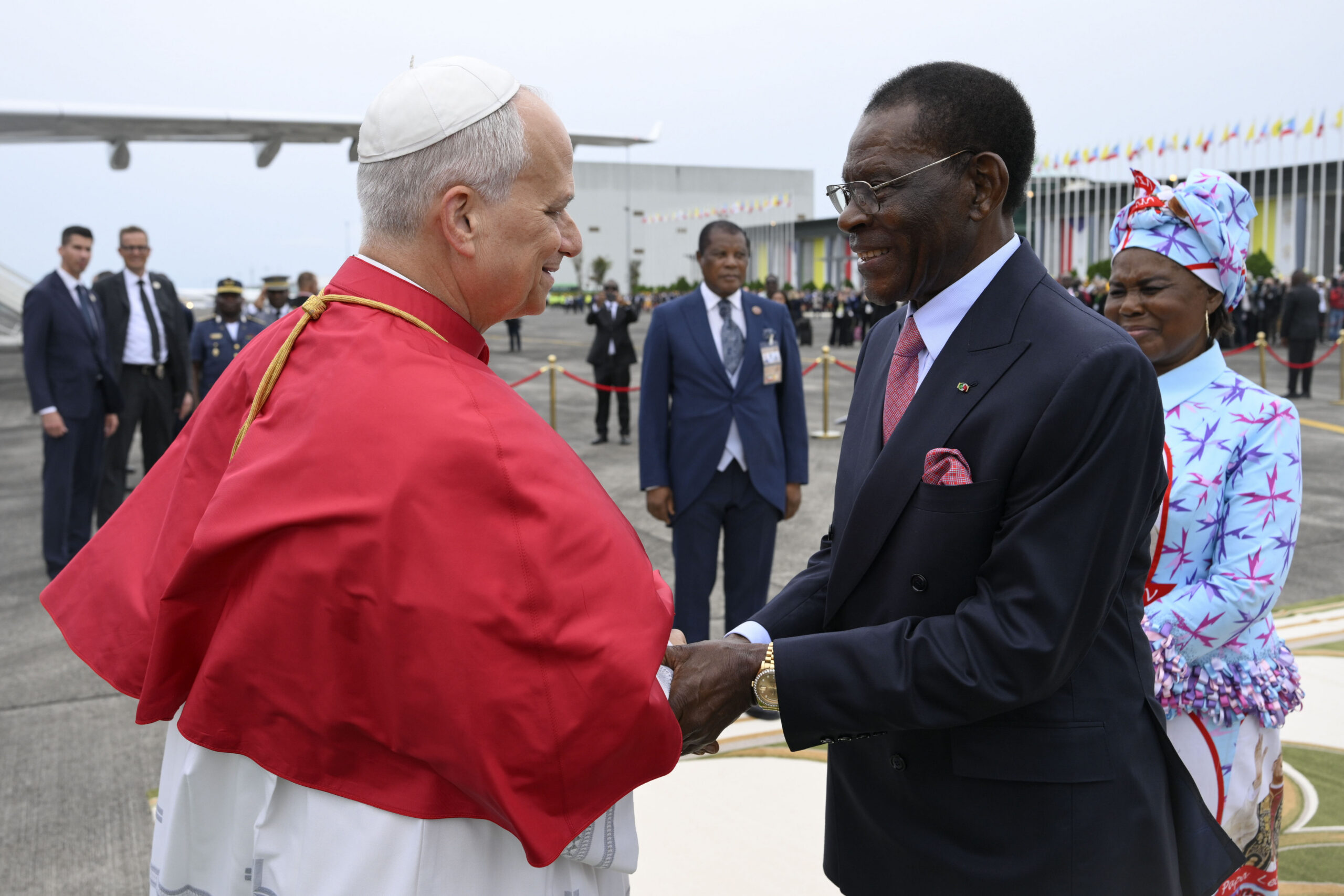 Pope Leo XIV greets Equatorial Guinea President Teodoro Obiang Nguema Mbasogo upon his arrival in the country on Tuesday, April 21, 2026. | Credit: Vatican Media
