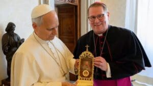 Pope Leo XIV receives relic of Blessed Fulton Sheen from Peoria Bishop Louis Tylka