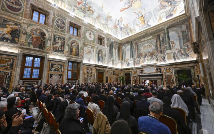 Pope Leo XIV delivers remarks during a private audience at the Apostolic Palace in the Vatican with participants in the “Holiness in History” conference on Oct. 21, 2026. | Credit: Vatican Media