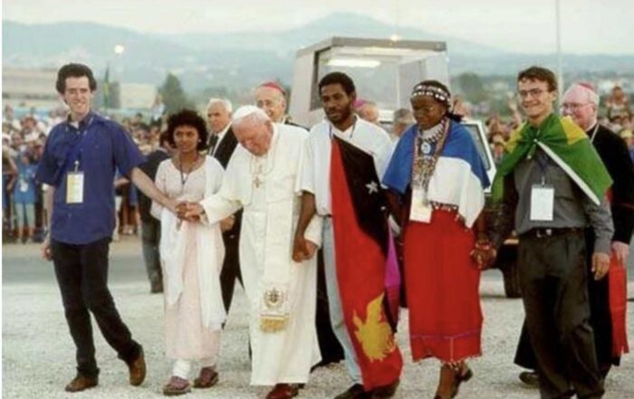Pope John Paul II arrives at the campus of Tor Vergata University in Rome for World Youth Day with young people from each continent on Aug. 19, 2000. | Credit: Vatican Media